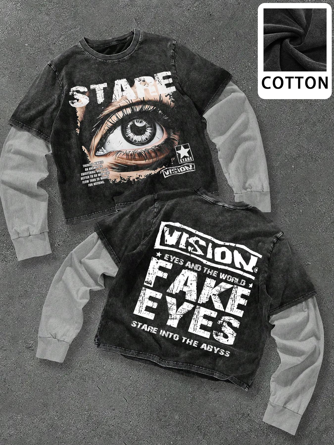 Men's Washed Cotton Mock Two-Piece Round Neck Long Sleeve Fitted Tee, with Star Print Design, a Casual and Trendy All-season Wardrobe Essential