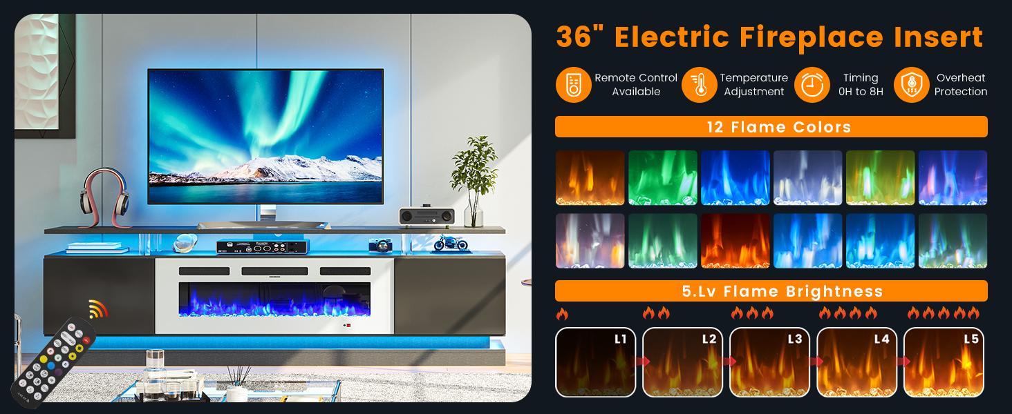 【2 Packages Shipping】oneinmil 70" Fireplace TV Stand Modern Entertainment Center for TVs Up to 80" with Storage Cabinets & Adjustable Flame 36IN Black Electric Fireplace TV Console for Living Room