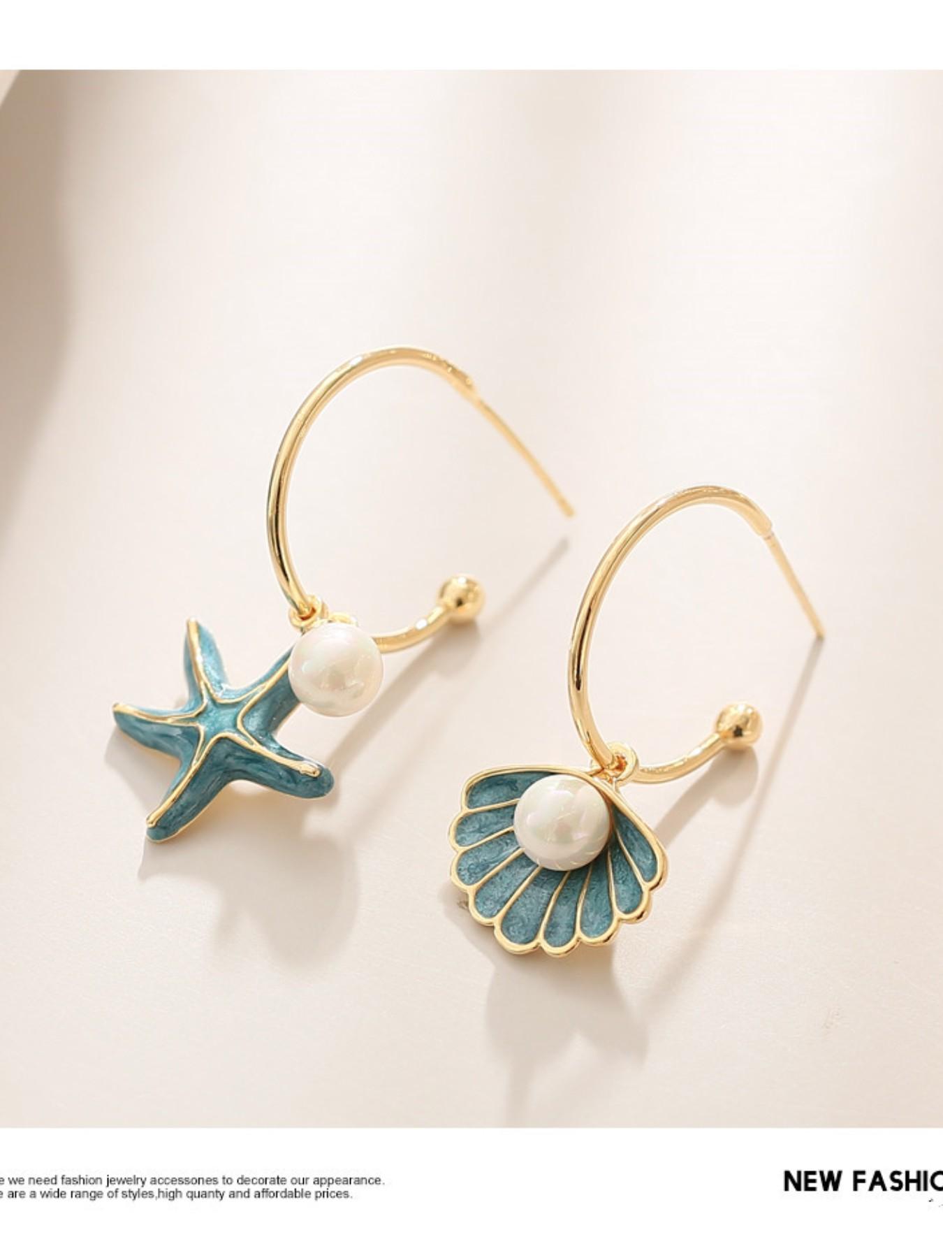 Asymmetrical Shell & Starfish Pearl Earrings for Women – Lightweight Ocean Style Drop Earrings Pearl Embellished High Quality Earrings