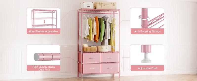 Clothes Rack, 184LBS Garment Rack Closet Rack with Drawers Clothing Racks for Hanging Clothes Heavy Duty Clothes Rack DIY Portable Adjustable Metal Clothing Rack with Shelves, Pink, Gray