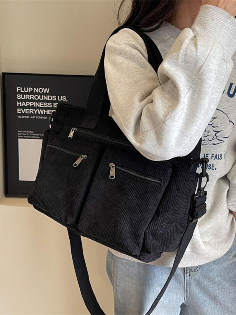 Women's Solid Color Zipper Tote Bag, Large Capacity Multi-pocket Portable Shoulder Bag, Casual Trendy Versatile High-quality Daily Commuting Bag