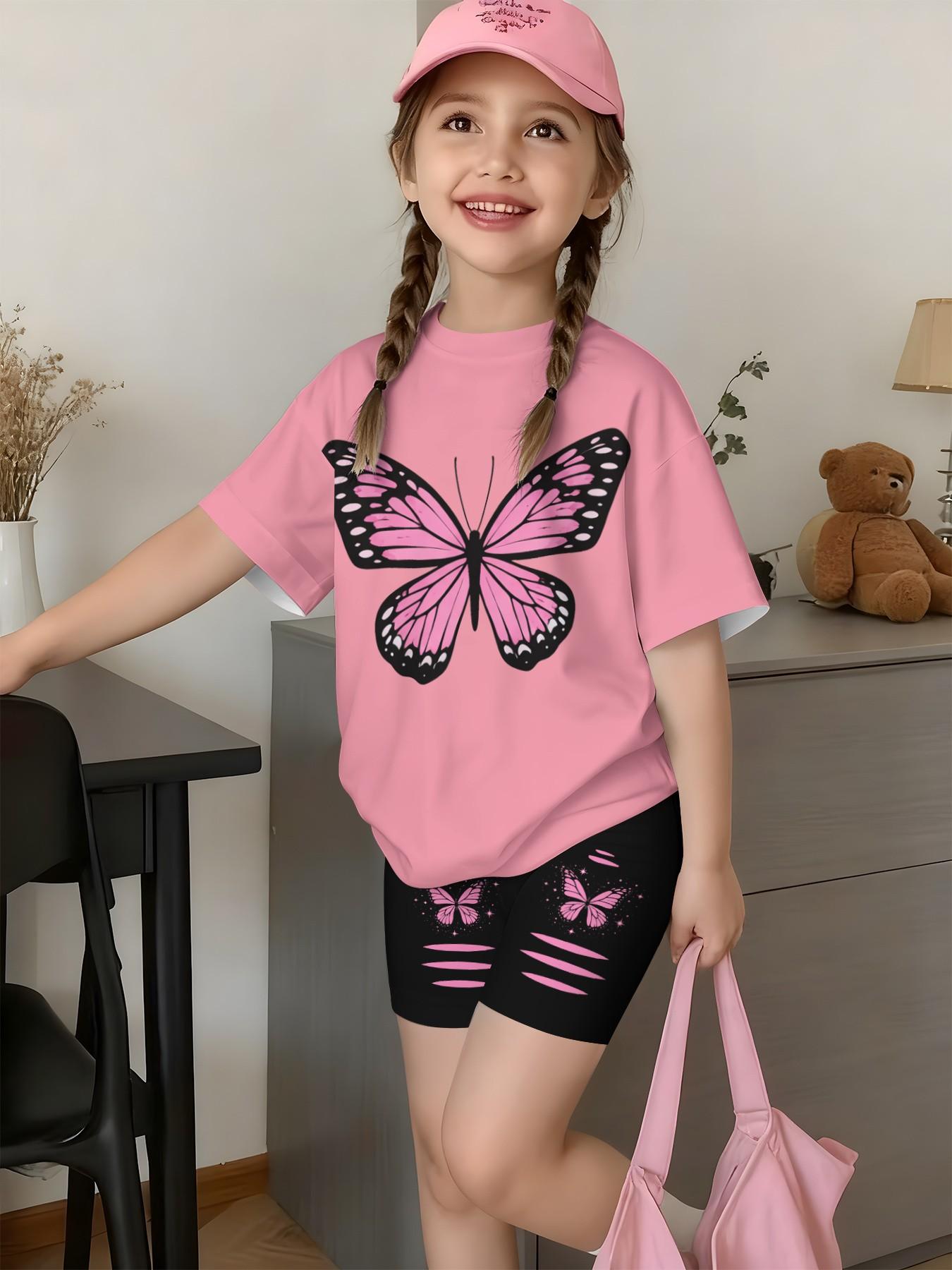 Dopamine Girls Pink Butterfly Print Short Sleeve Biker Shorts Set Summer Energetic Streetwear 2Pcs
