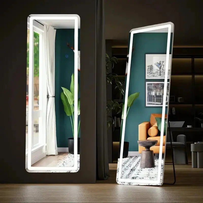 71"x26" Dimmable LED Full Length Floor Mirror with Stand, Touch Control, Aluminum Frame, Wall-Mount or Leaning Design, Black Bedroom Items for Makeup Vanities, Aesthetic Room Decor, Apartment Accessories