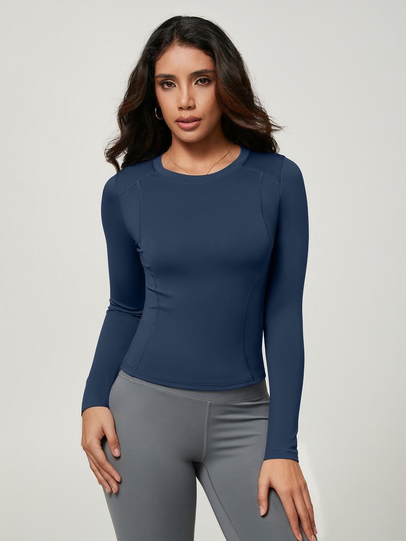 Women's Solid Color Long Sleeve Sport Top, Round Neck Thumb Hole Design, Comfortable Casual Yoga Gym Running Cycling Golf Tennis Wear, Fitness Running Tops