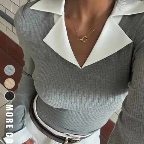 Women's Autumn Colorblock V-Neck Long Sleeve Top Blouse, Comfortable Inner Layer, Casual Daily Wear, Simple Striped Fleece Material