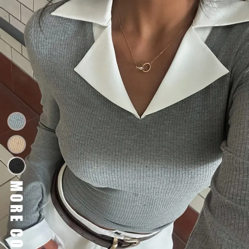 Women's Autumn Colorblock V-Neck Long Sleeve Top Blouse, Comfortable Inner Layer, Casual Daily Wear, Simple Striped Fleece Material