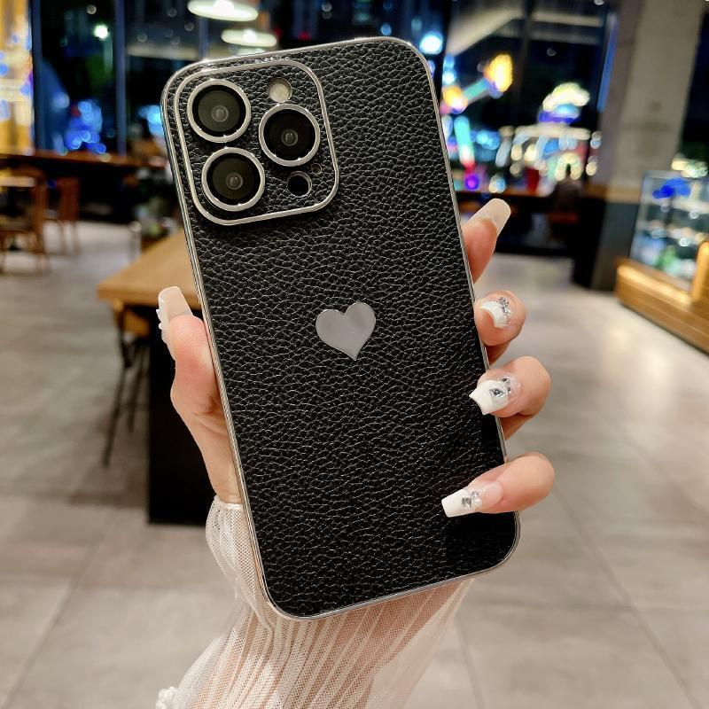 Luxury Solid Color Leather Plating Border Love Logo Phone Case For iPhone 16 Pro Max 14 11 12 13 15 Pro Max Bumper Back Cover