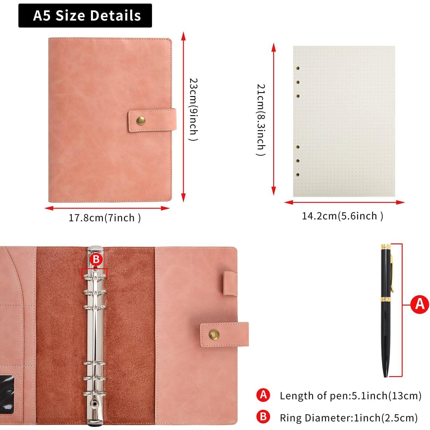 Leather Journal Refillable Notebook Spiral Diary Binder Portfolio - A5 Dot Grid Paper & Inner Pockets for Travel Work and Personal Organizer (Coffee, A5)