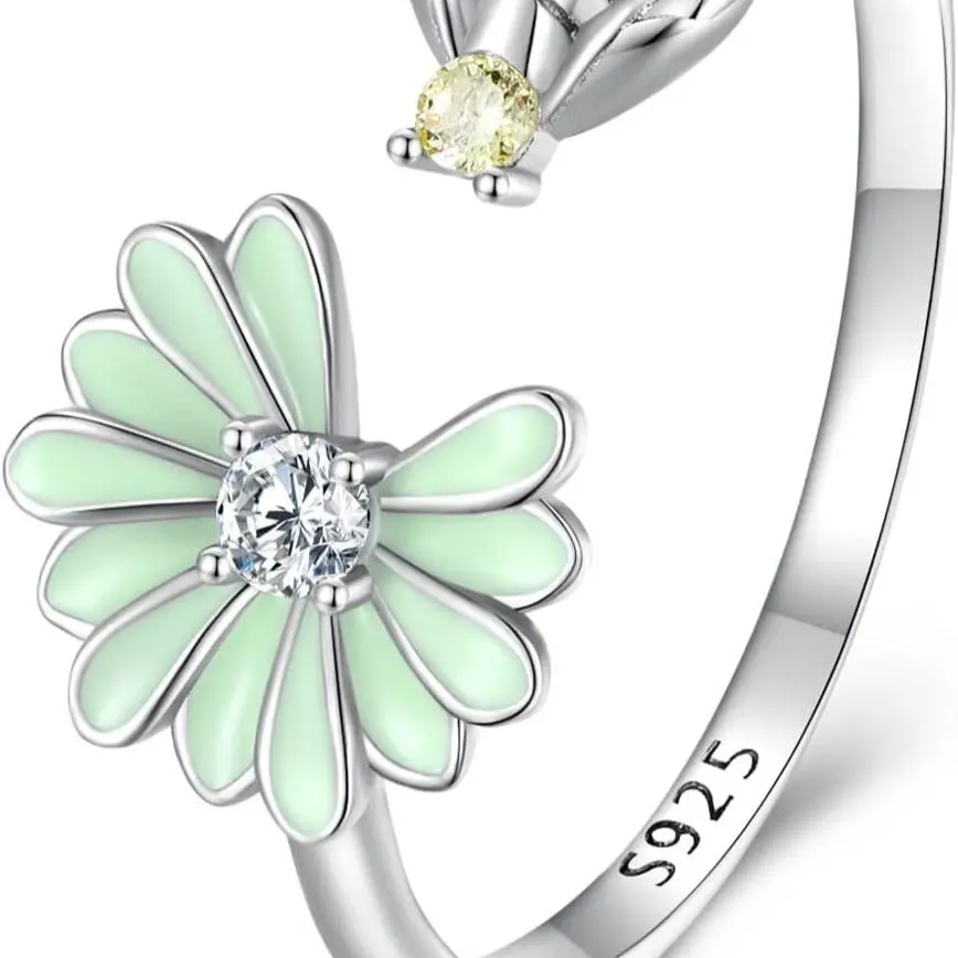 925 Sterling Silver Rings for Women Dragonfly/Dolphin/Mermaid Tail/Daisy Bee/Flower/Butterfly Ring Dainty Stackable Rings Ajustable Cute Ring for Girls