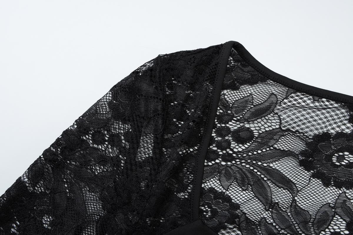 Women's Solid Color Lace Floral Spliced Ruffles Trim Sheer Long Sleeve Tee, Sexy Flower Pattern Designed Slim-fit T-shirt for Party Club Holiday, Ladies Summer Clothes, Top