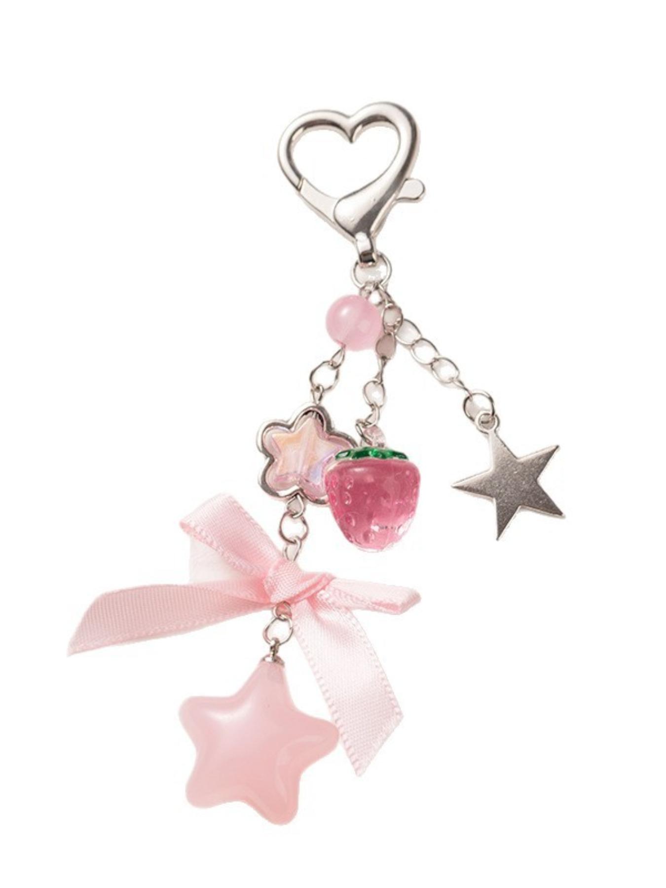 Style Soft Strawberry Star Keychain, Heart Clip + Transparent Strawberry + Matte Star, Bag Charm, Earphone Case Decor, Unique Gift for Friends