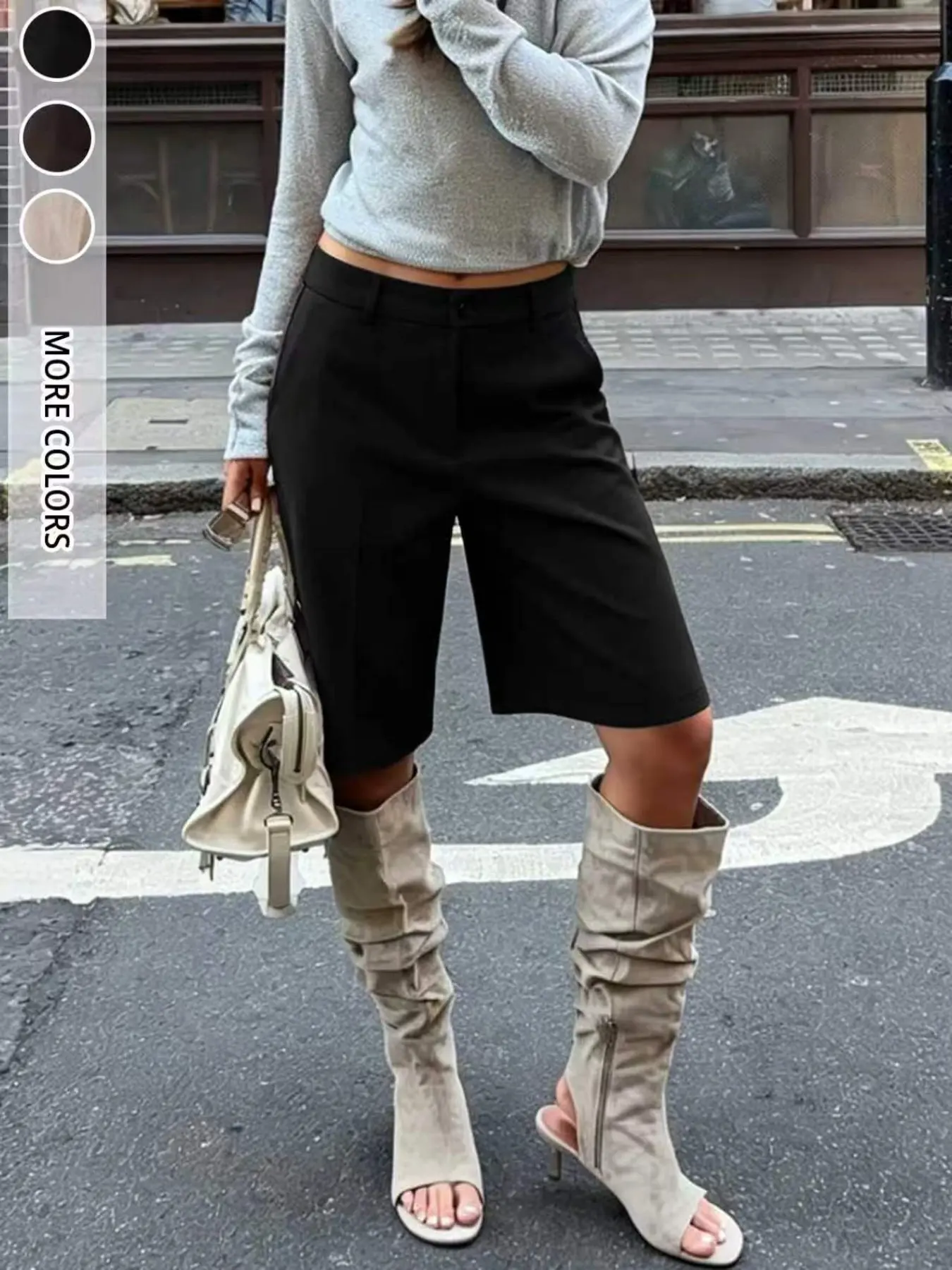High-Waisted Flowy Suit Shorts for Women, Vintage Straight Leg Bermuda Shorts, European Street Style Commute Versatile Mid-Length Pants