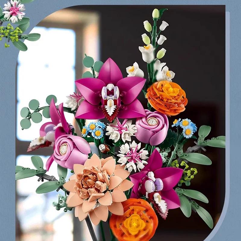 749PCS Creative Pretty Pink Flower Bouquet Building Blocks Set MOC Assemble Bricks Flower Toy & DIY Assemble Toys & Decor Assembly Bricks Kit Ideal Gift For Girl Valentine's Day Gifts Building Block Sets