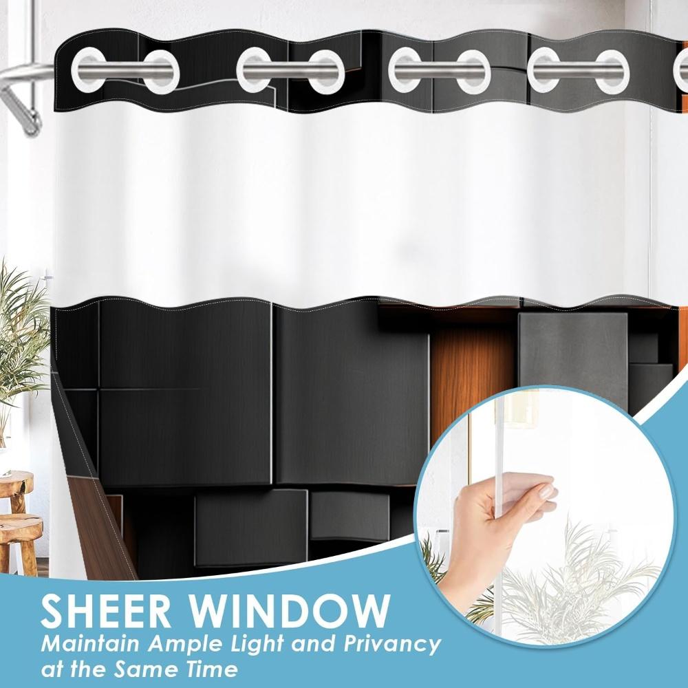1pc hookless shower curtain with buckle lining, black and orange 3D square patchwork design, 2D flat printing, waterproof fabric lining, see-through double-layer shower curtain, 71 x 74 inches, modern home draping curtain.