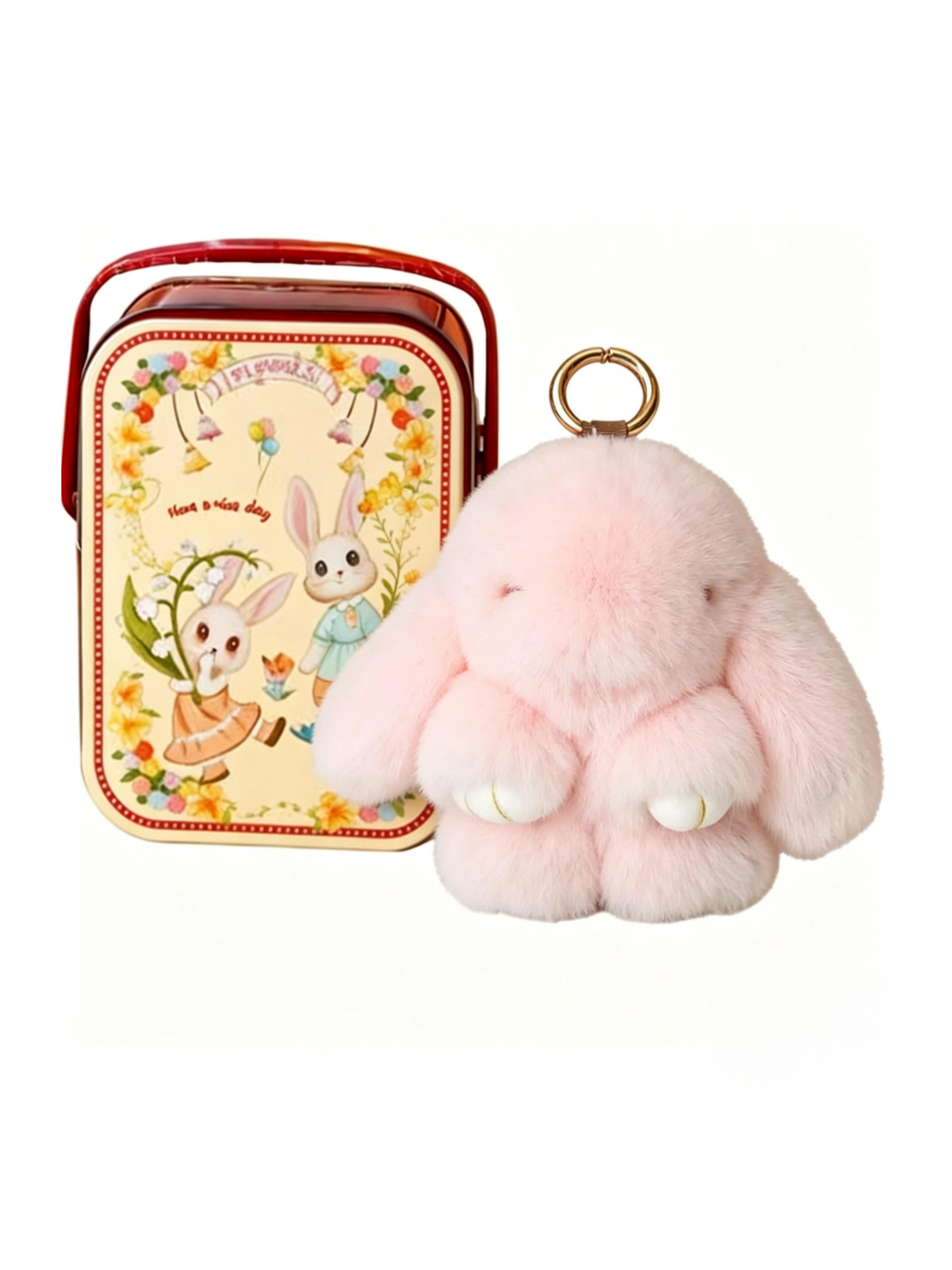 Handmade Rabbit Keychain with Design Tin Box, Creative Gift for Girls, Soft Fuzzy Bunny Pendant, Travel Accessory, Birthday Present