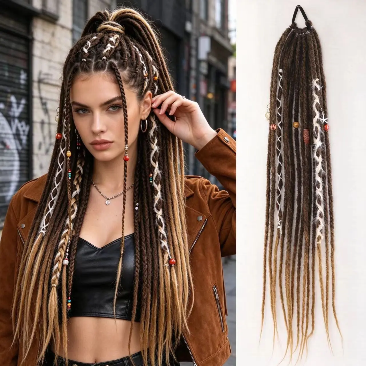 Hip Hop Dreadlock Ponytail Wig, Gradient Rasta Braid, Beaded Ethnic Style, Street Dance Music Festival Cosplay Hair Accessory