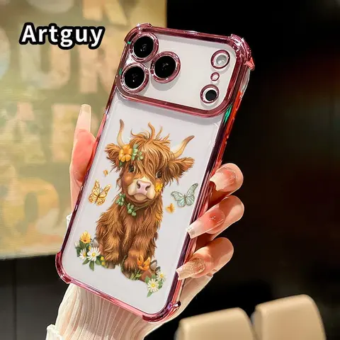 Women's Transparent Lightweight Soft Silicone Cellphone Case - 4-Plated Reinforced Corners, Highland Calf Pattern, Crash-Proof Full Coverage Casing for iPhone 17,16 Pro Max,16 Plus,15 Plus,14,13,12,11,E,Air - Mobile Phone Accessories for Women