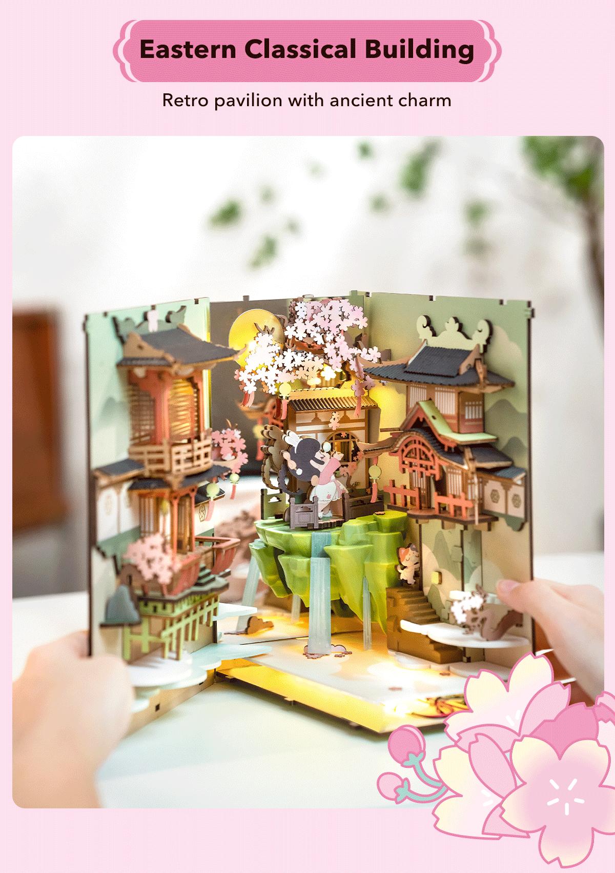 Robotime Rolife Book Nook Kits for Adults,3D Wooden Puzzle Bookshelf Decor Insert Alley DIY Miniature Booknook Model Craft Kits for Adults Gifts with LED on Birthday Christmas TGB05 Falling Sakura