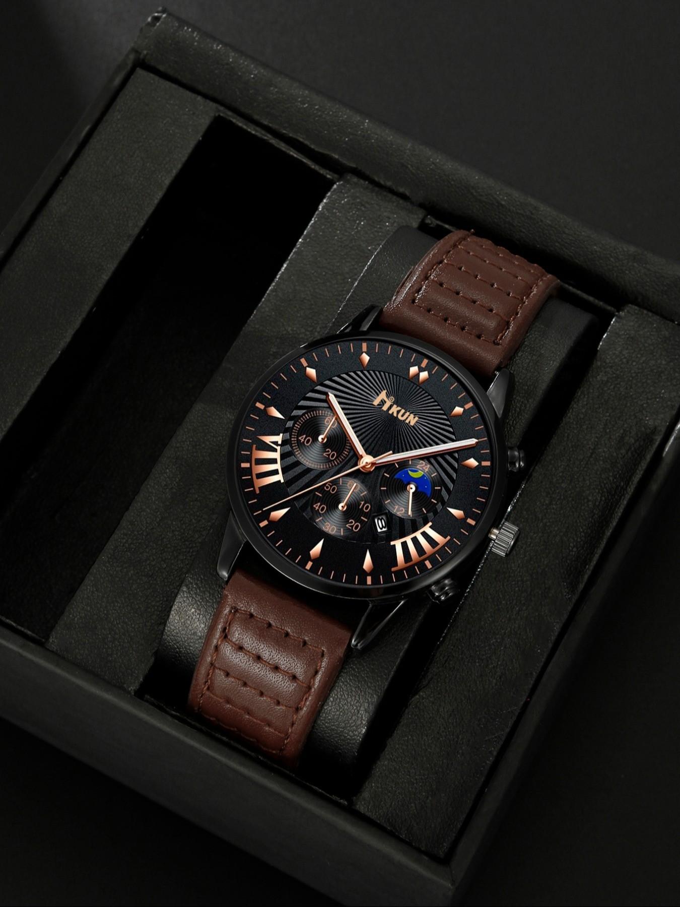 1pchkun Men's Multifunctional Fashion Watch, Vintage Roman Numerals, Moon Phase, Leather Face, Perfect Gift for Him