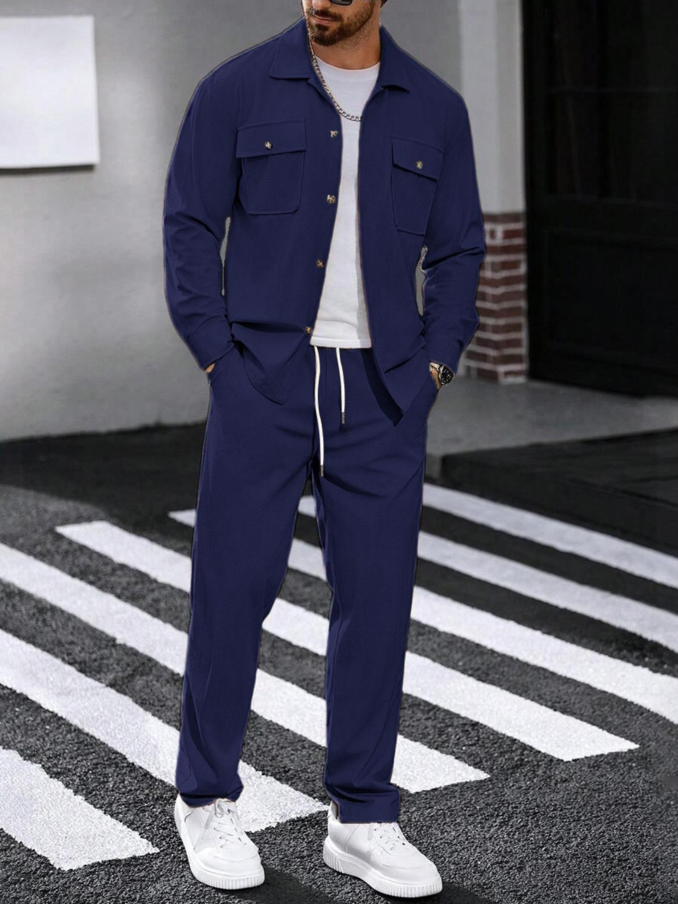 Men's two-piece solid color polo neck button with pockets coat and elastic drawstring waistband sport pants, regular version casual comfortable long sleeve top and, suitable for spring and autumn wear, men's daily clothing.