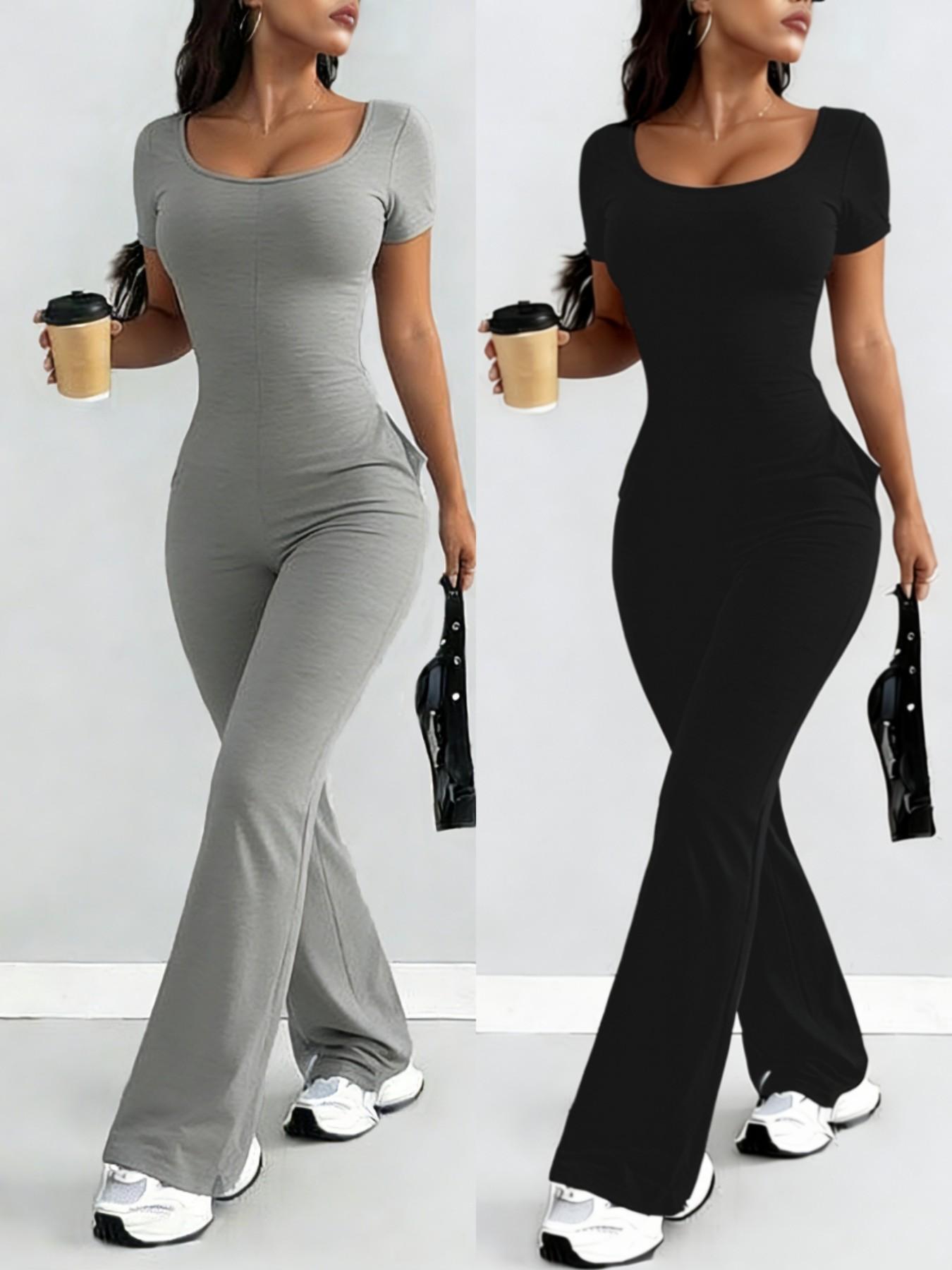 Women's Plain Pocket Short Sleeve Long Pants Jumpsuit, Sexy Fitted Casual One-Piece for All Seasons, European & American Style, Plain Pocket Overalls