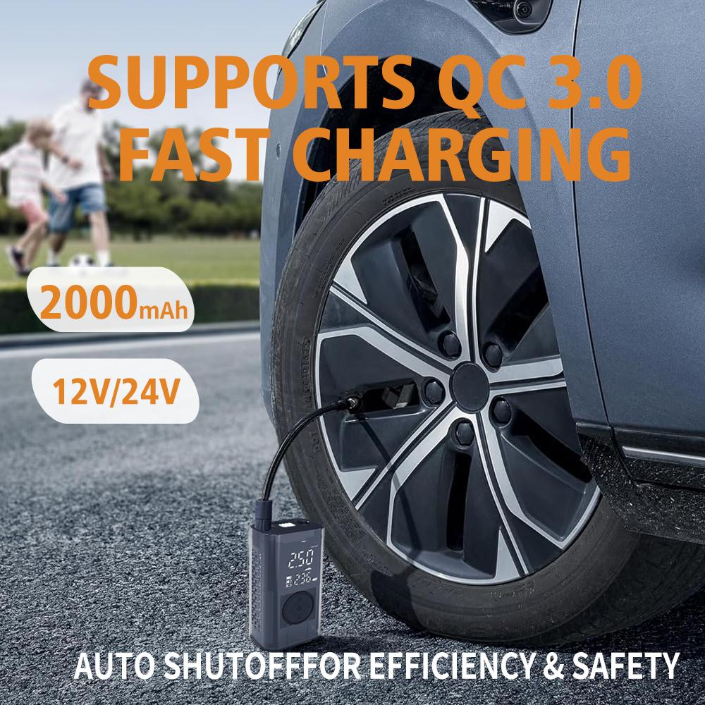 Never Stranded Again! 150PSI Fast Tire Inflator + Reverse Charger + LED Flashlight – All in One!