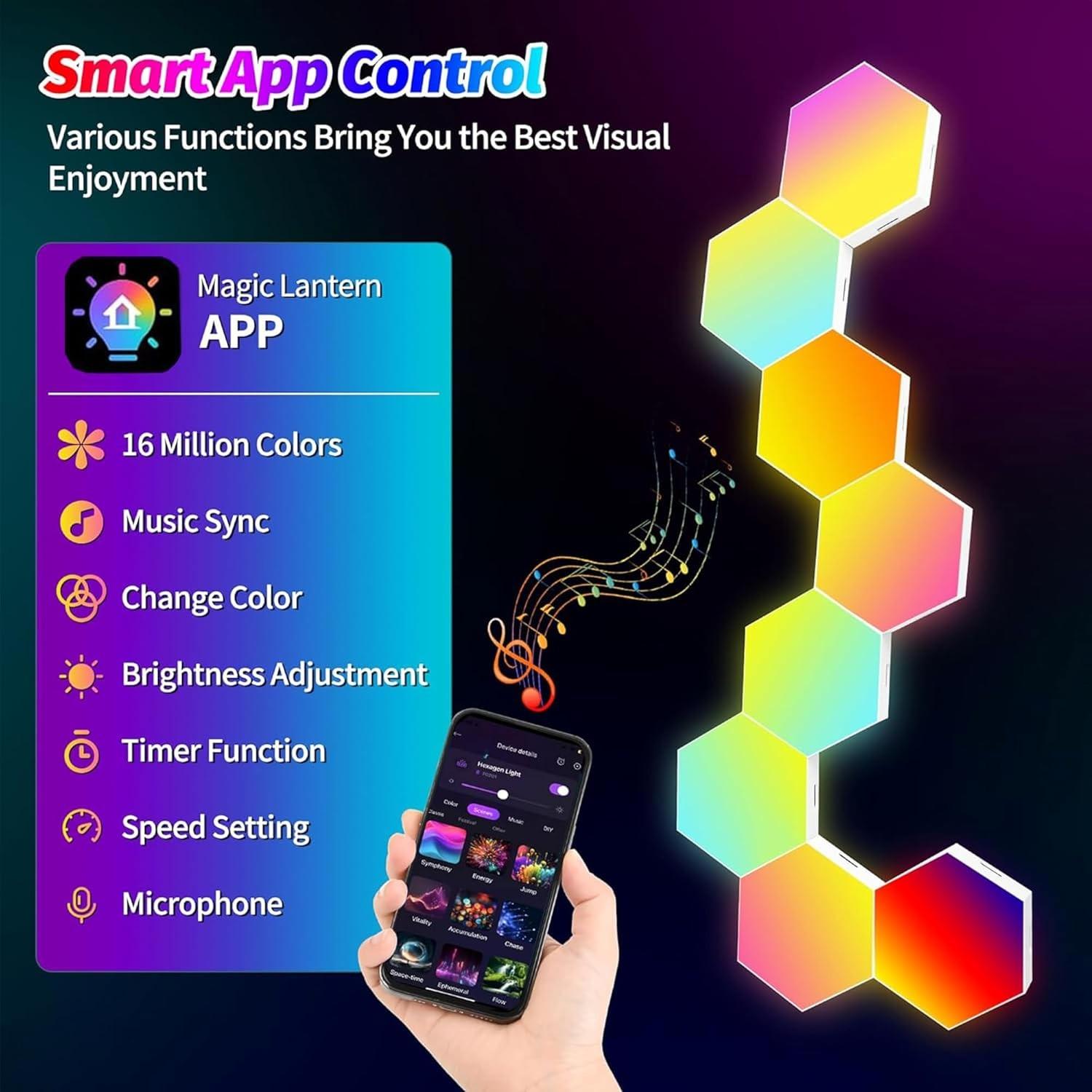 Hexagonal Wall Light Panel, Smart APP RGB Hexagon LED Modular Strip Remote Control, Music Sync Function for Gaming Room, Living Room, Bedroom