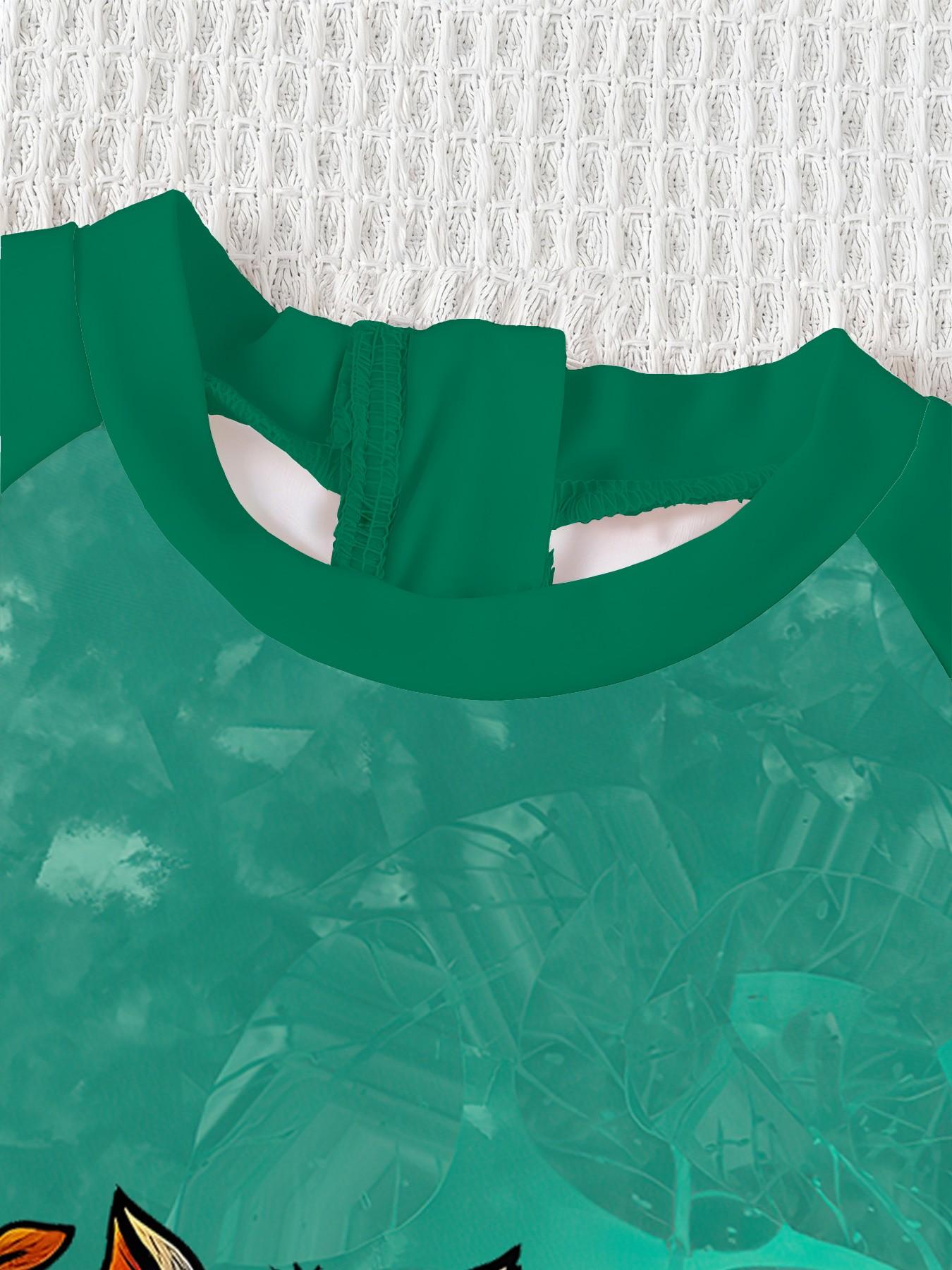 Boys' One-piece Swimsuit "Teenage Mutant Ninja Turtles Sun Protection Style" Teenage Mutant Ninja Turtles cartoon print + contrast-color raglan sleeves, skin-friendly and non-sweaty, suitable for playing in the pool / at the beach / in the water park