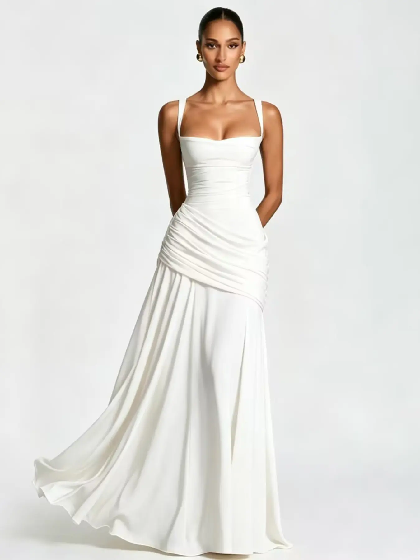 New Spring/Summer Women's Elegant Solid-Color Sleeveless Camisole Gown with Fitted Waist and Flared Skirt