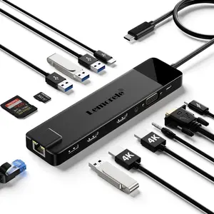 Lemorele Tc100 USB-C Docking Station, Dual HDMI 1.44k@30hz, USB-A 3.0/2.0, Ethernet Lan, SD/TF Card Reader, Type-C, Ideal for Meetings & Office