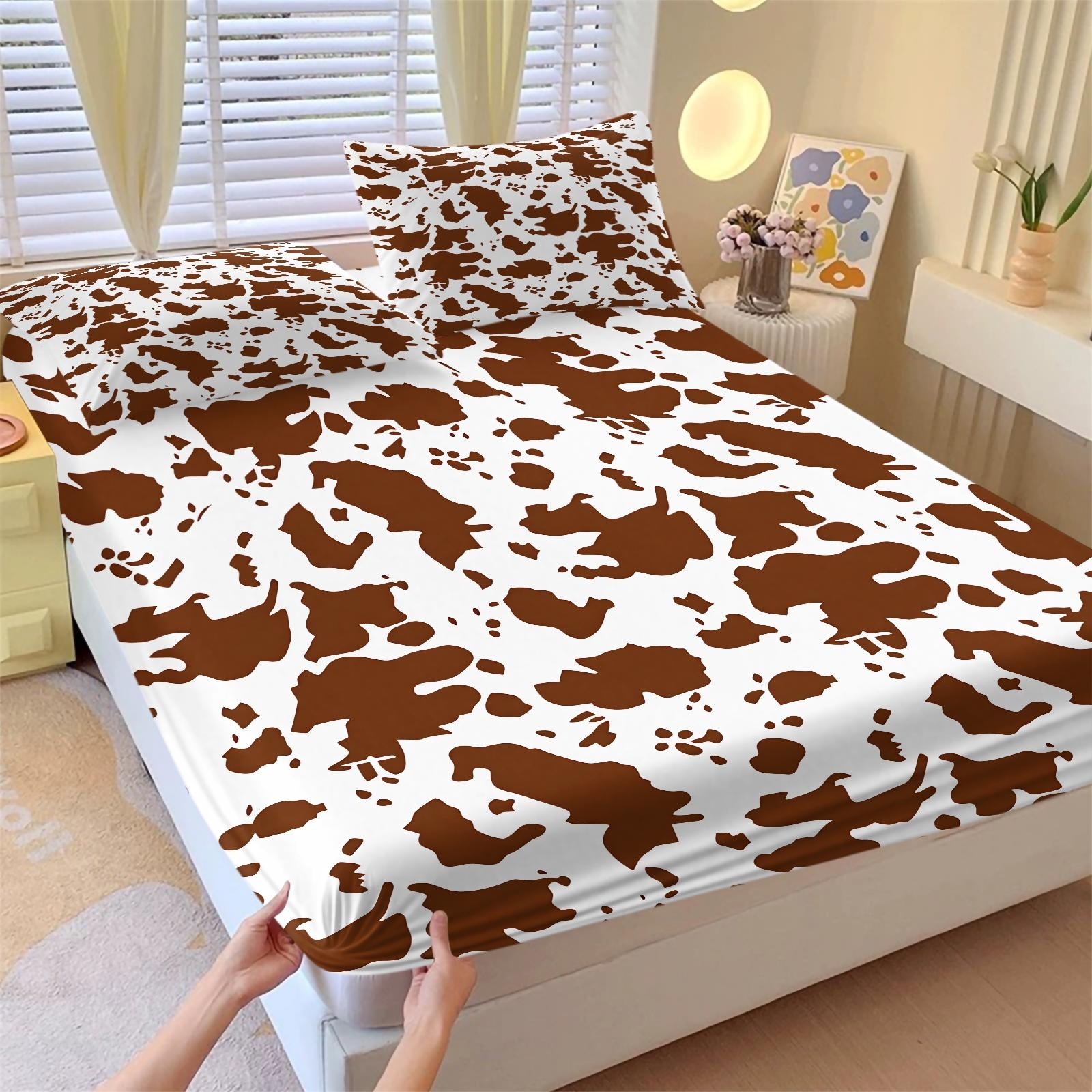 3Pcs Western Aztec Cow Print Fitted Sheet Set with 2 Pillowcases, Southwestern Turquoise Geometric Deep Pocket Elastic Mattress Cover, Boho Cowhide Tribal Bedding, Soft Microfiber Non-slip Bedspread, Printed Bedding Set for Bedroom Decor Bedset