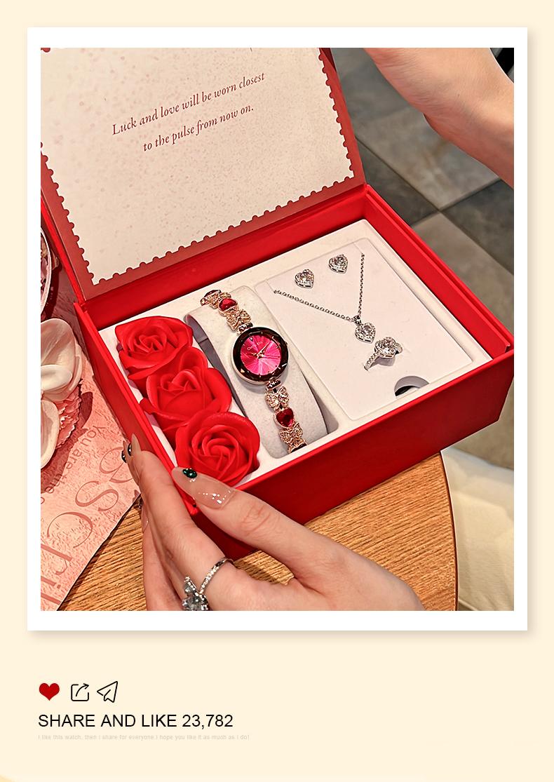 Clvmu Kiai Ladies Elegant Butterfly Watch Bracelet Set with Heart Shaped Gift Box Exquisite Necklace Ring Earrings Fashionable Jewelry for Women Perfect Festival Gift Baby G Rhinestone Wristwatch