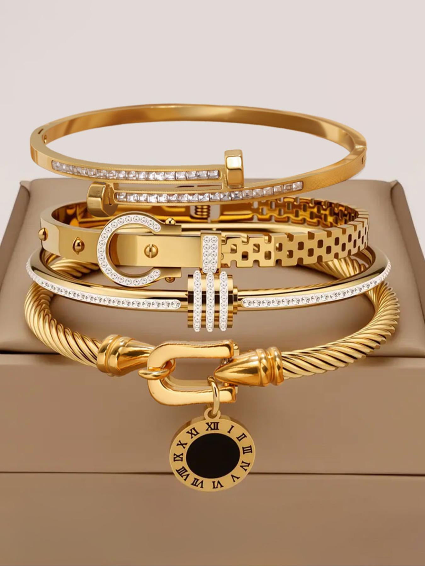 4-Piece Luxury Stainless Steel High Quality Bracelet Set, Women's Gold-plated Rhinestone Decorative Stackable Bracelets, Classic Wrist Accessory, Perfect Exquisite Holiday Gift