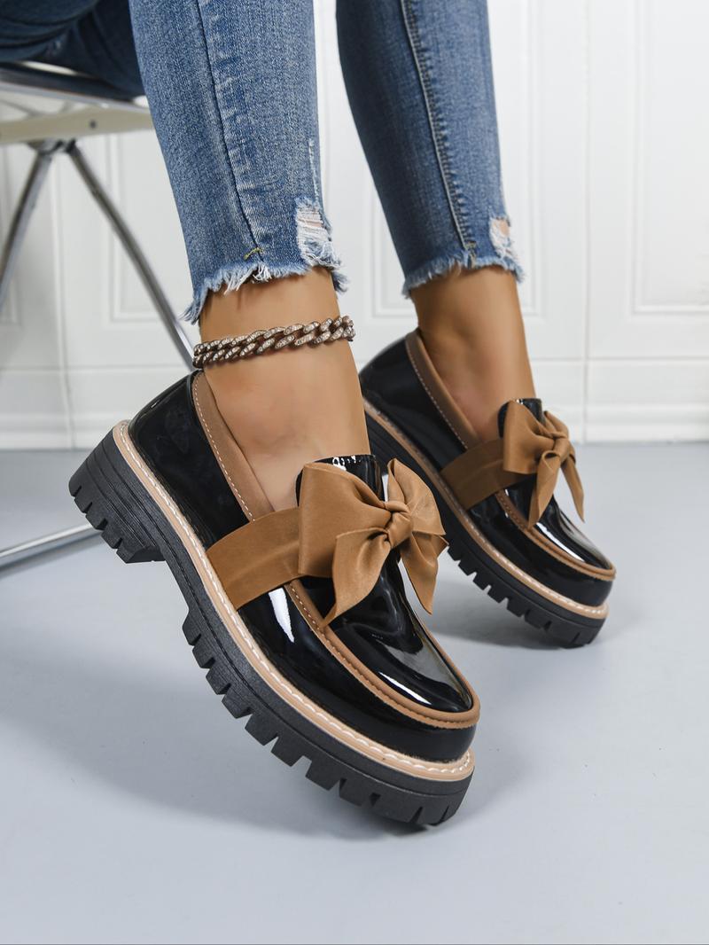 Women's Bowknot Loafers, Spring & Fall Casual PU Leather Shoes, Plain Pattern, Less Than Ankle Height, PVC Sole