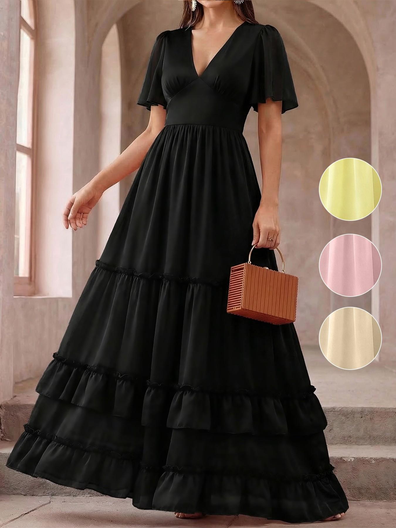 Spring Summer Dress, Cake Skirt V Neck Ruffle Long Dress, French Gentle Style, Beach Vacation, Wedding Bridesmaid Dress