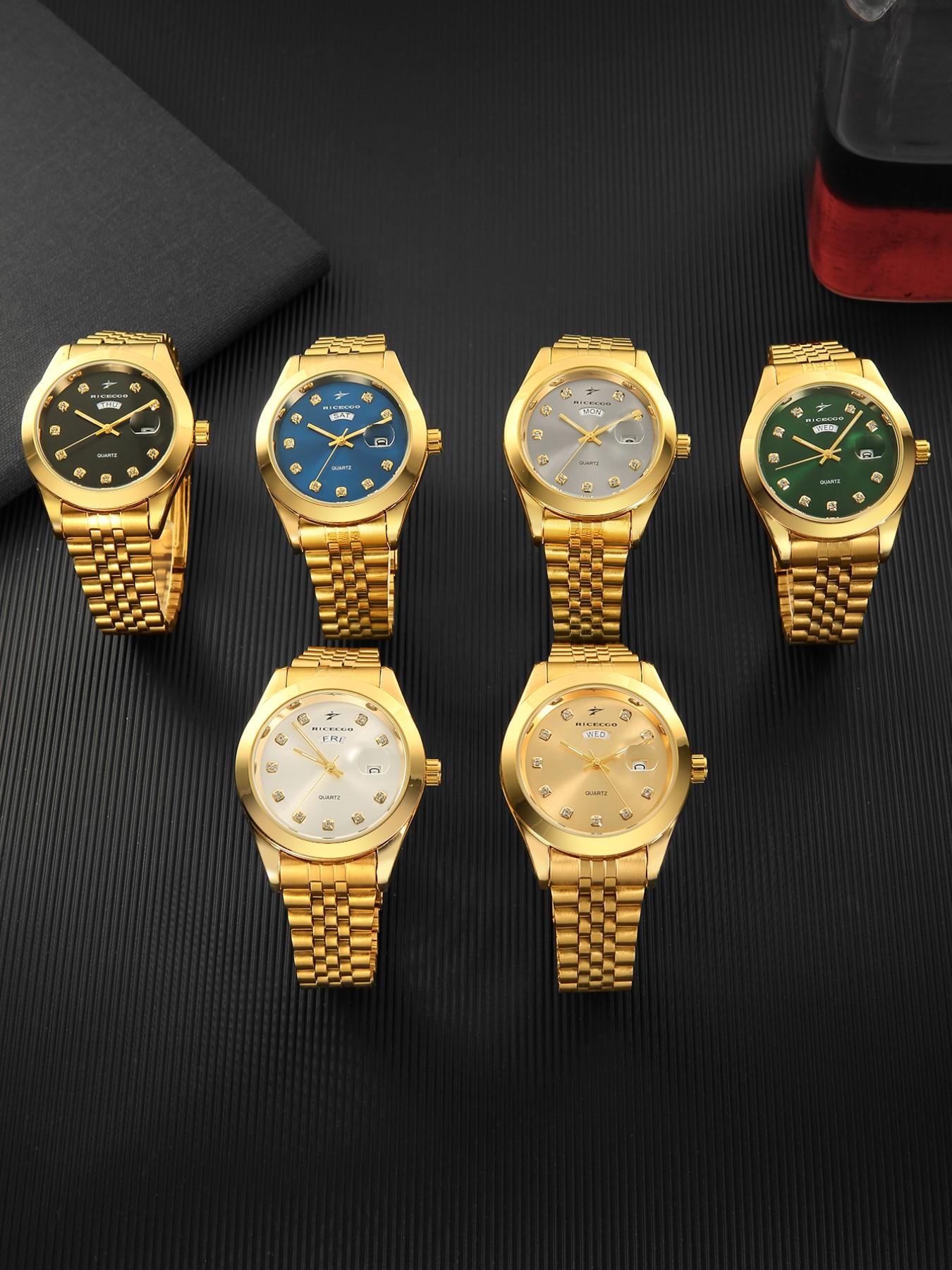 RICECGO Men's Quartz Watch Luxurious solid gold finish Elegant Round Dial Diamond-set hour markers sparkle with eye-catching brilliance Features day and date display Exudes prestige for business gifts Limited-time offer—act fast before it's gone