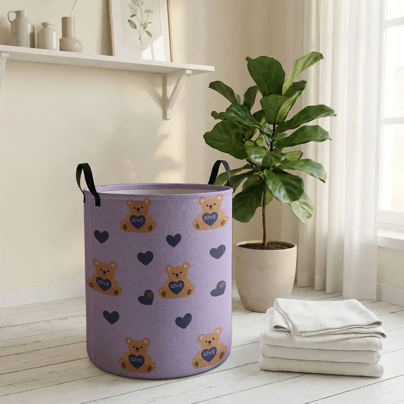 Valentine's Day Toy Bear Print with Handle, Durable Halloween Foldable Dirty Clothes Storage Bin, Large Capacity, Collapsible Laundry Hamper