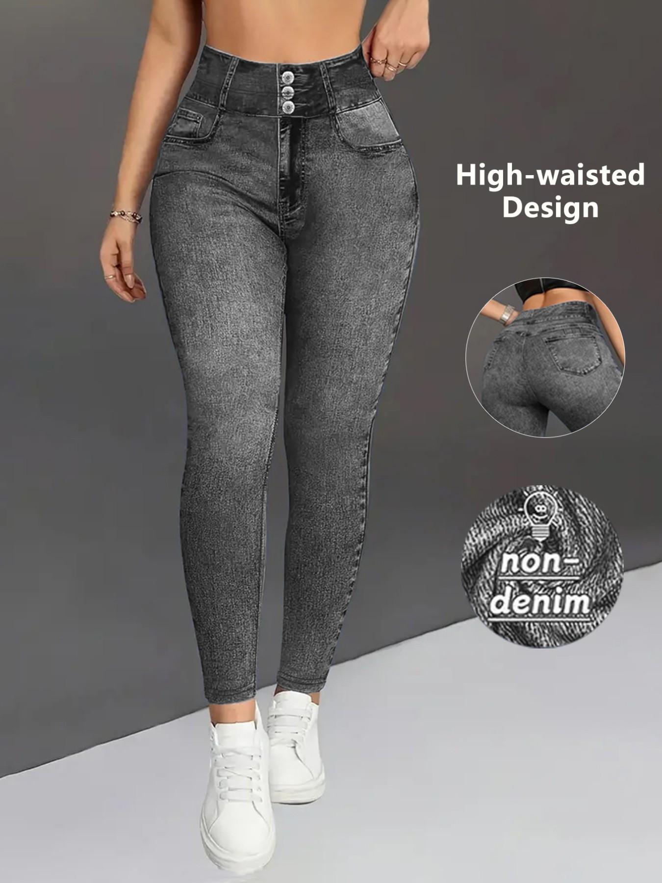 Women High-Waisted Stretch Denim-Style Pants, All-Seasons Slim-Fit Leggings, Breathable & Comfortable, Casual Sporty Style,faux denim fabric Women High-Waisted Stretch Denim-Style Pants, All-Seasons Slim-Fit Leggings, Breathable & Comfortable, Casual Sporty Style,faux denim fabric