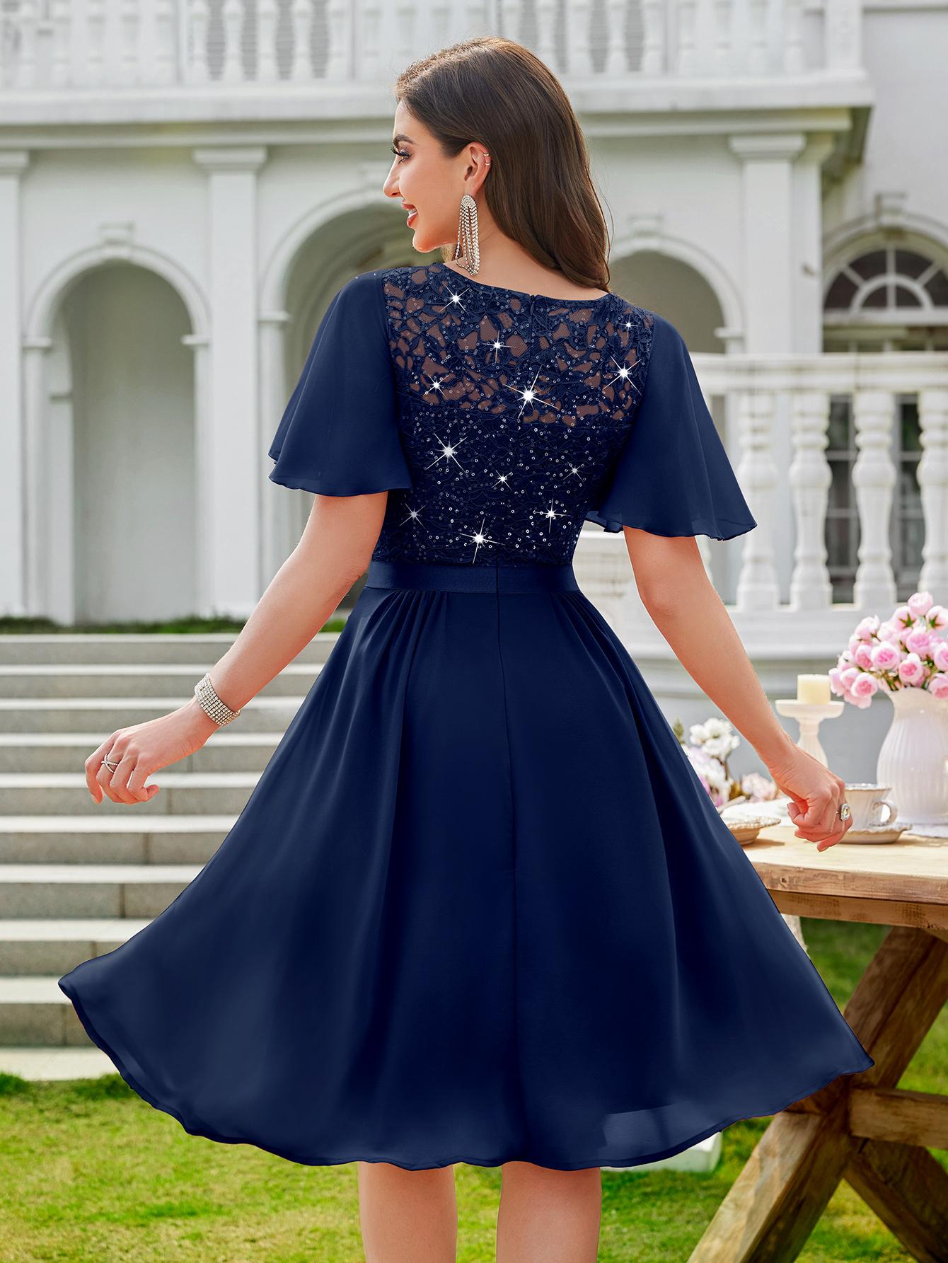 MIUSOL 24235 Women's Sequin Lace V Neck Ruffle Style Chiffon A-line Cocktail Party Dress