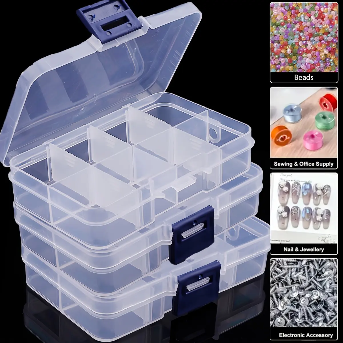 5/10pcs Clear Plastic Storage Boxes with Adjustable Dividers - 8-Compartment Dustproof Lidded Organizer for Beads, Jewelry, Nails & Electronic Accessories. Multi-Purpose Stackable Craft Storage Containers Plastic Craft Organizers.