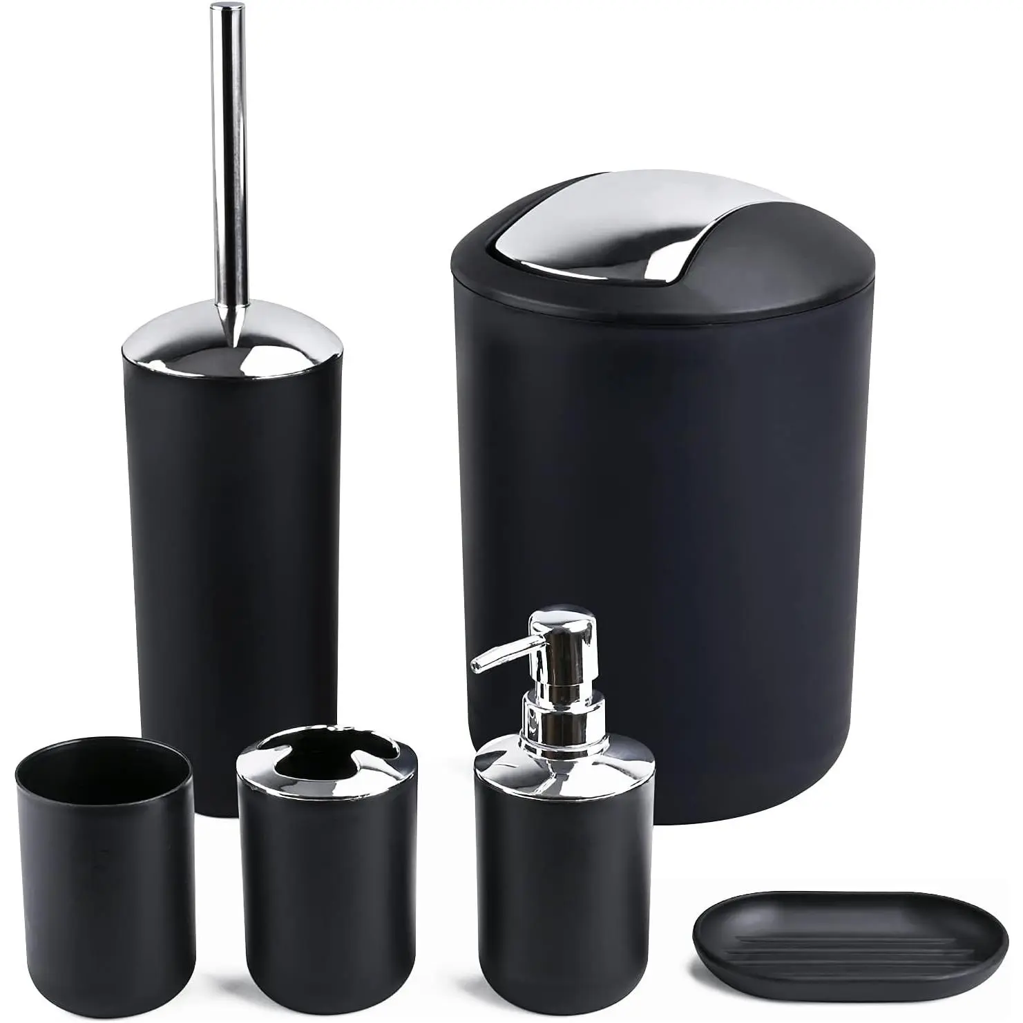 Compact 6-Piece Black Plastic Bathroom Accessories Set with Small Trash Can, Soap Dispenser, Toothbrush Holder, Cup, Soap Dish, Toilet Brush for Guest Bathroom Dorm Apartment