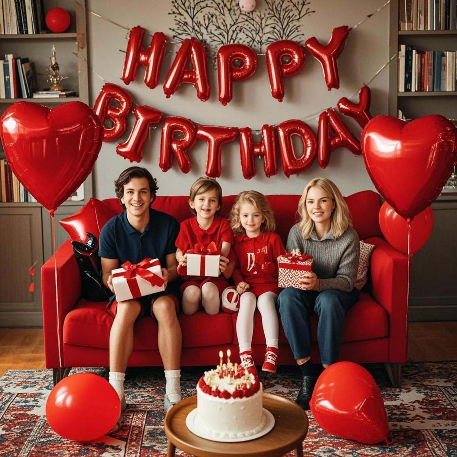 29 Pcs Red Birthday Decorations, 3D Foil Red Happy Birthday Balloon Banner, Pentagram Heart Foil Balloons Confetti Balloons Kit For Boys Girls Birthday Party Supplies