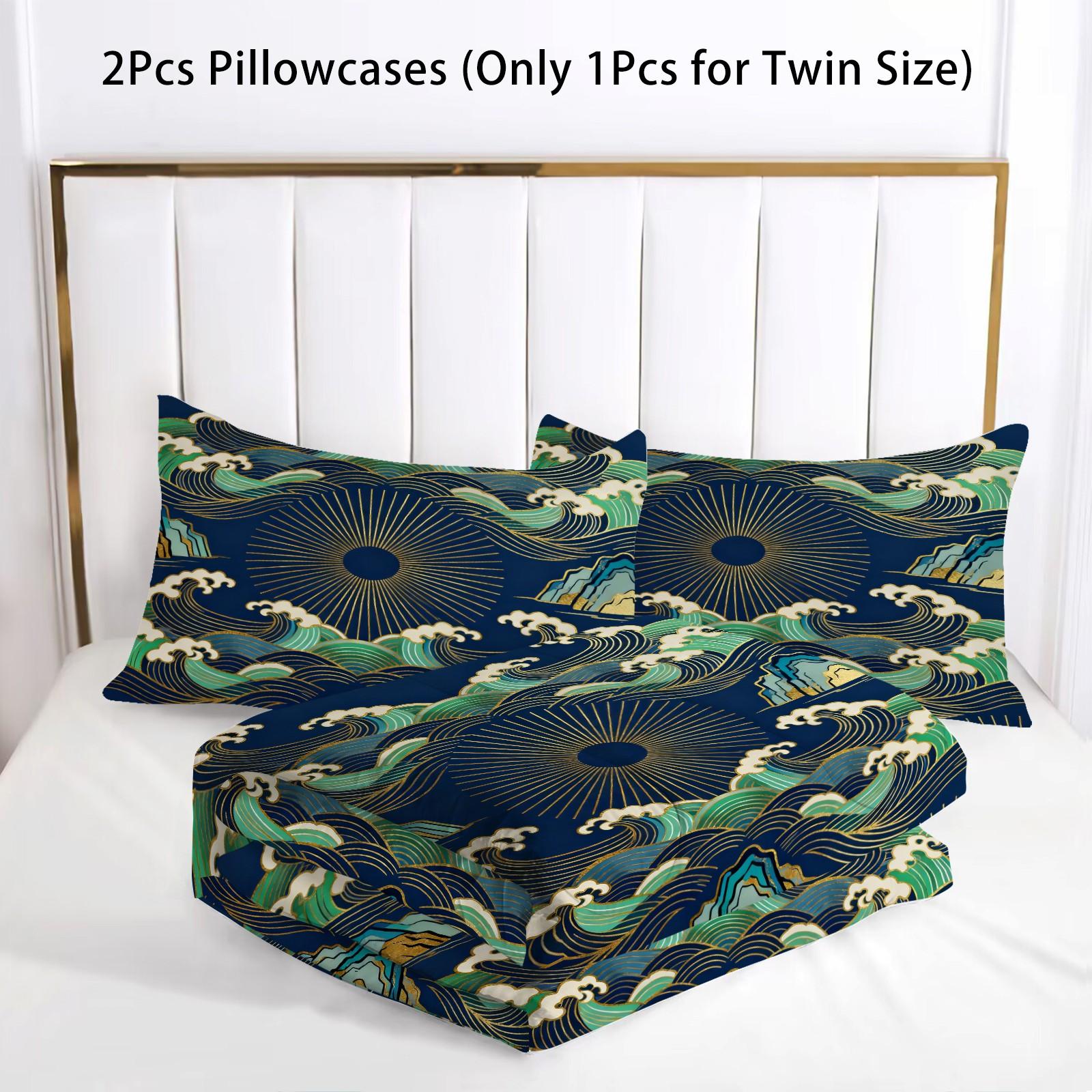 2/3 Piece Japanese Wave Sun Comforter Set | Gold Foil Great Wave HD Print Bedding Set | Soft Lightweight U-Quilted Quilt | For Bedroom Dorm (Pillows Not Included)