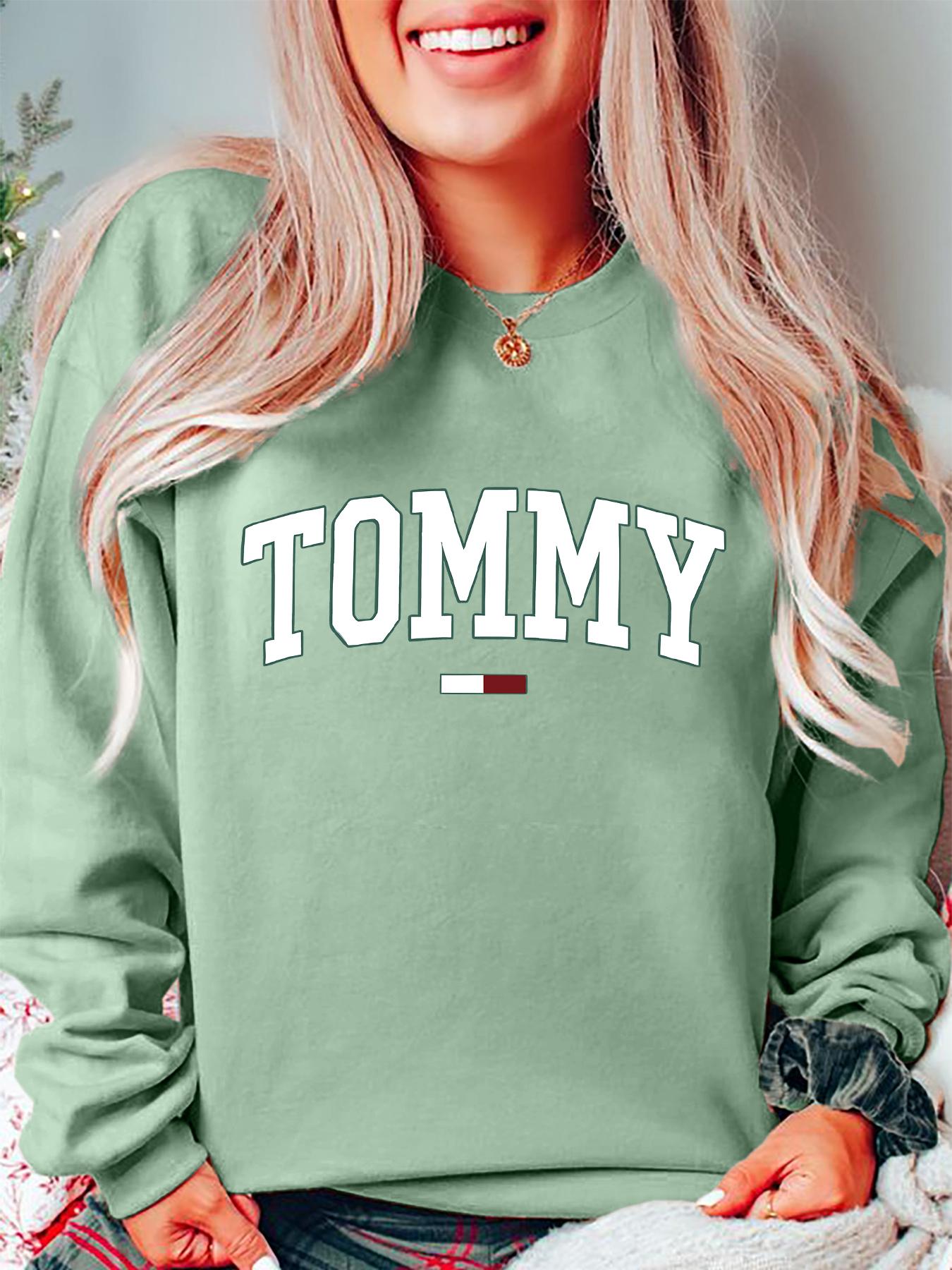 Tommy Pattern Print Long Sleeve Casual Loose Fit Pullover Sweater for Women, Fall & Winter Round Neck Fitted Style