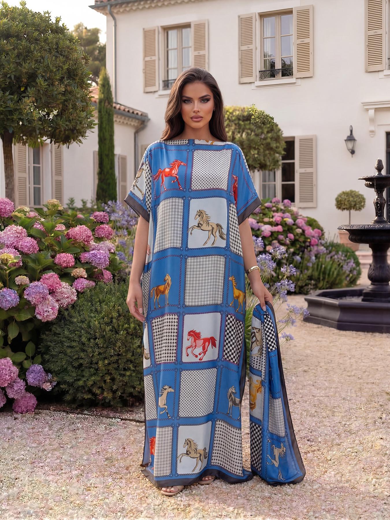 Women's Luxury Equestrian Style Silk Robe Set, Long Cape Dress + Scarf Headband, Beach Outdoor Sun Protection, All Seasons Chic Fashion