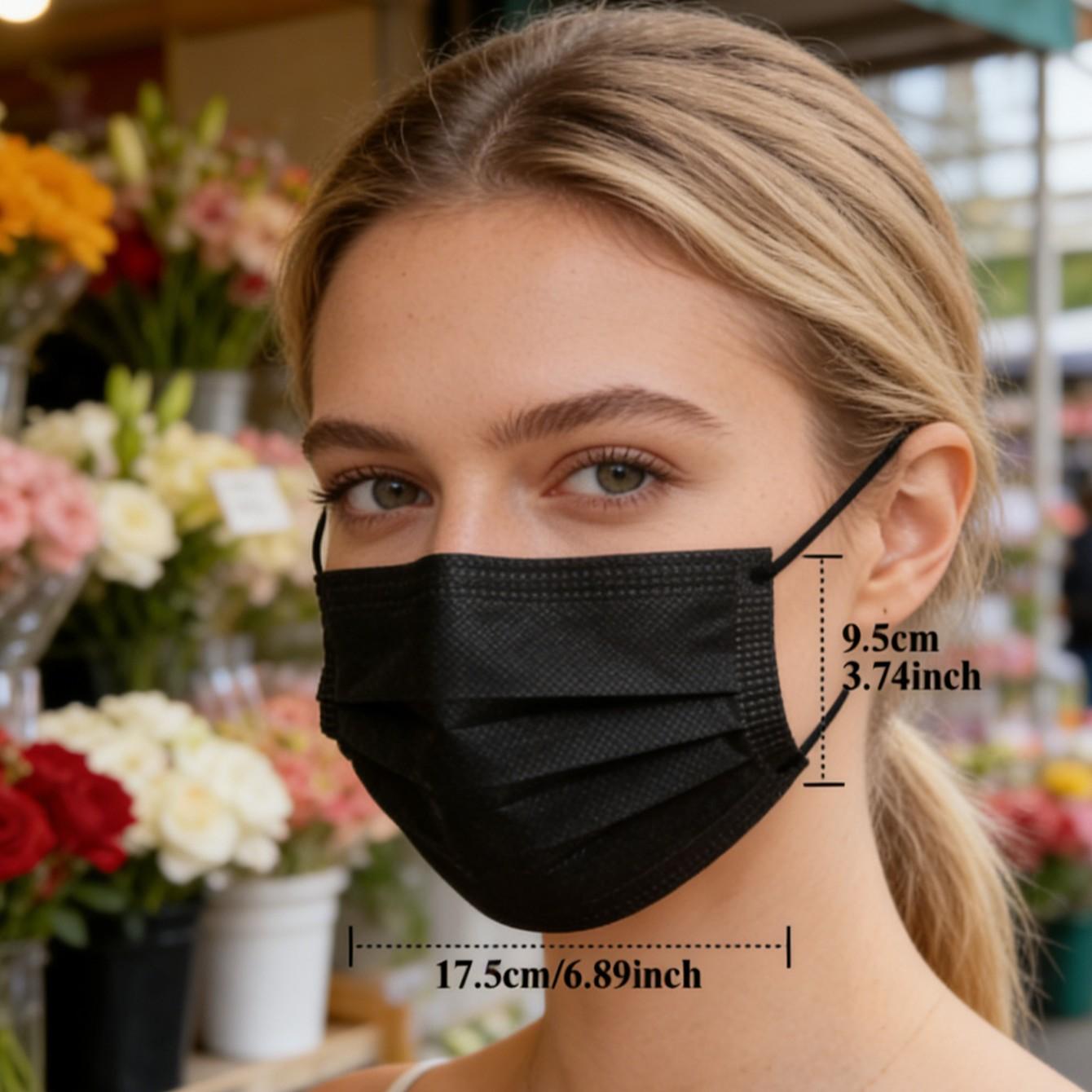 Fashionable black disposable mask! 50 pieces of 3-layer filters - breathable face mask, breathable and stylish daily essentials
