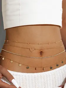 Women's Heart Pendant Adjustable Waist Chain (4pcs), Ideal for Summer Beach Vacations, Silver Color and, Trendy All-Match Jewelry, Waist Beads