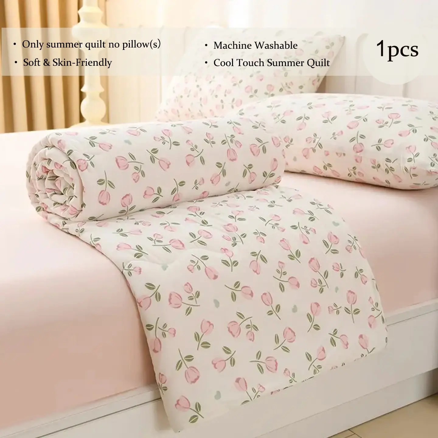 1PC Vintage Floral Double Print Summer, Silky Breathable Air Condition Quilt, Machine Washable Lightweight Bed Cover for Bedroom Office Nap, Quilt Only, No Pillow Included