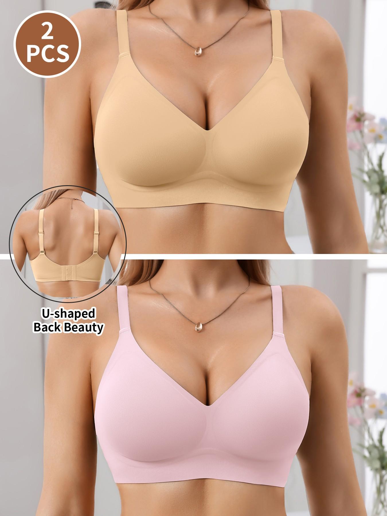 Jelly Bra Sexy V-Neck Gathered Wireless No Underwire Half Fixed Cup Pad Soft Comfort Women Daily Bra, Adjustable Strap, Medium Support, All Seasons