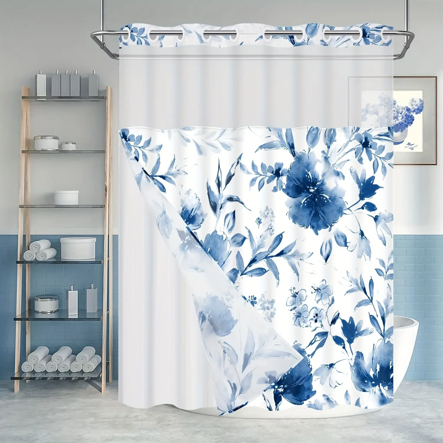 Hookless shower curtain with snap lining, navy blue flower hotel shower curtain and lining set, watercolor see-through window shower curtain